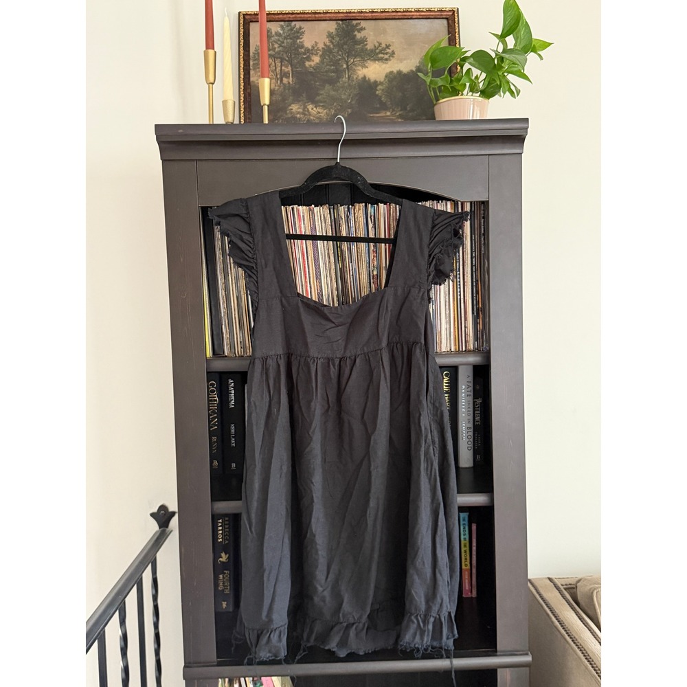 Aerie Ruffle Trim Babydoll Mini Dress L Black Raw Hem Cotton Summer